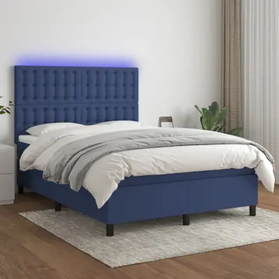 The Living Store Box spring postelja z vzmetnico LED modra 140x190 cm blago - Box Spring Postelja