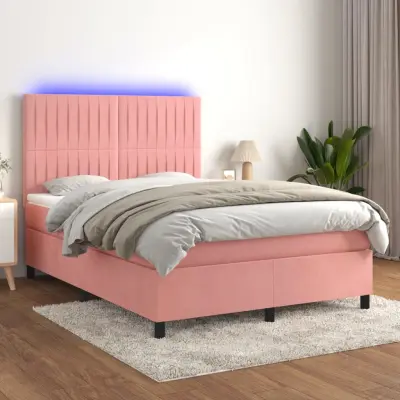The Living Store Box spring postelja z vzmetnico LED roza 140x190 cm žamet - Box Spring Postelja
