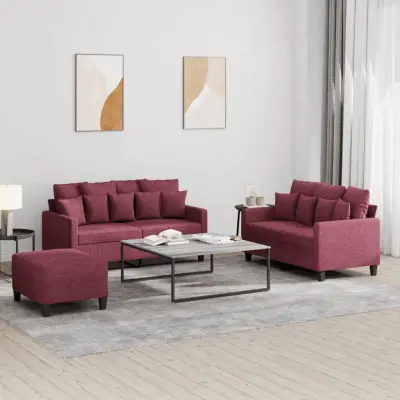 The Living Store Sedežna garnitura z blazinami 3-delna vinsko rdeče blago - Sedežna Garnitura