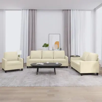 The Living Store Sedežna garnitura 3-delna z blazinami krem umetno usnje - Sedežna Garnitura