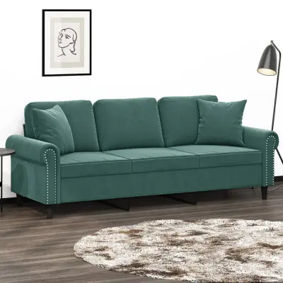 The Living Store Kavč trosed z okrasnimi blazinami temno zelen 180 cm žamet - Trosed