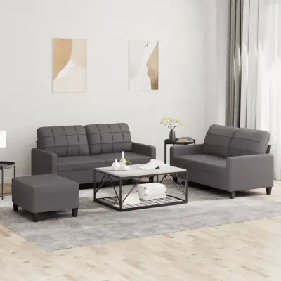 The Living Store Sedežna garnitura 3-delna z blazinami sivo umetno usnje - Sedežna Garnitura