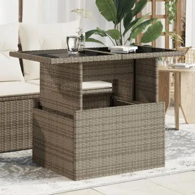 The Living Store Vrtna miza s stekleno ploščo siva 100x55x73 cm poli ratan - Vrtna Miza