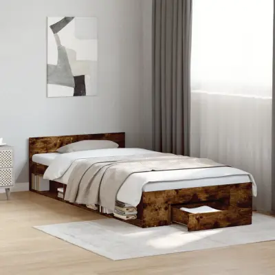 The Living Store Posteljni okvir s predalom dimljen hrast 100x200 cm inž. les - Posteljni Okvir