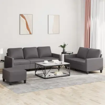 The Living Store Sedežna garnitura 3-delna z blazinami sivo umetno usnje - Sedežna Garnitura