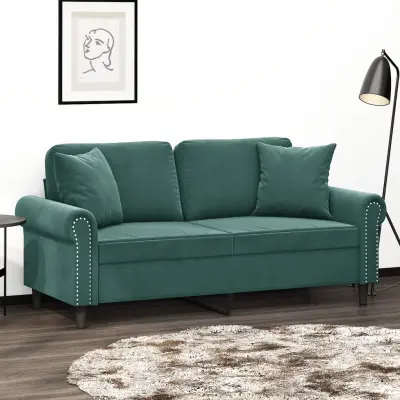 The Living Store Kavč dvosed z okrasnimi blazinami temno zelen 140 cm žamet - Dvosed