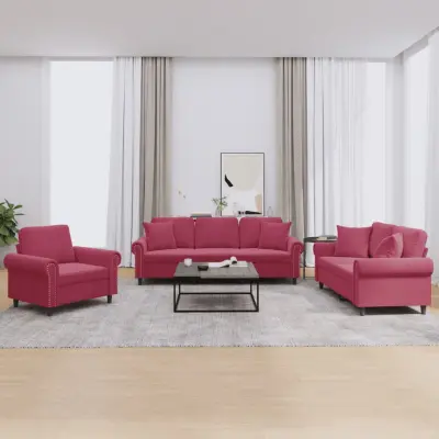 The Living Store Sedežna garnitura z vzglavniki 3-delna vinsko rdeč žamet - Sedežna Garnitura
