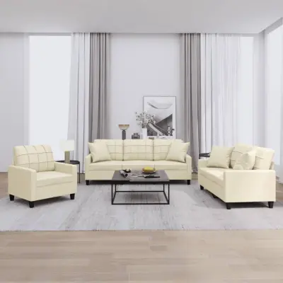 The Living Store Sedežna garnitura z vzglavniki 3-delna krem umetno usnje - Sedežna Garnitura