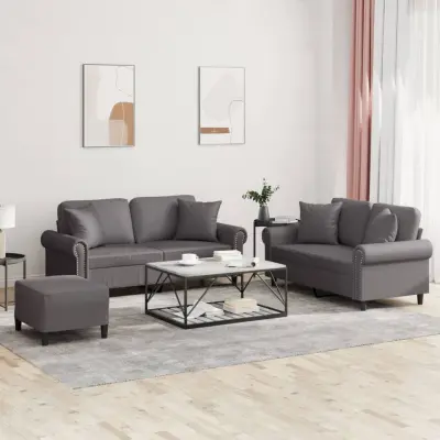 The Living Store Sedežna garnitura z vzglavniki 3-delna sivo umetno usnje - Sedežna Garnitura