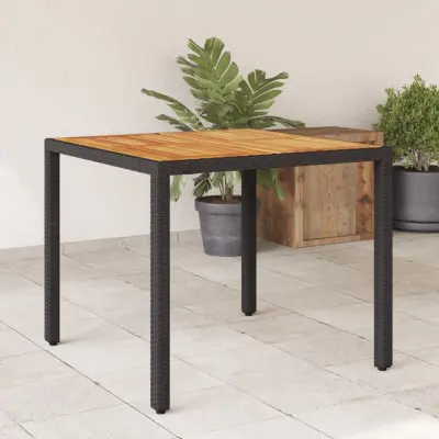 The Living Store Vrtna miza z leseno mizno ploščo črna 90x90x75 cm poli ratan - Vrtna Miza