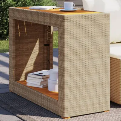 The Living Store Vrtna miza z leseno mizno ploščo bež 100x40x75 cm poli ratan - Vrtna Stranska Mizica