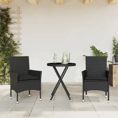 The Living Store Bistro garnitura 3-delna z blazinami črn poli ratan in steklo - Bistro Garnitura