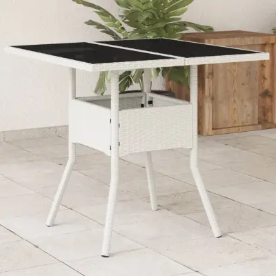 The Living Store Vrtna miza s stekleno ploščo bela 80x80x75 cm poli ratan - Vrtna Miza