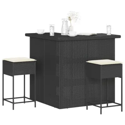 The Living Store Vrtna barska garnitura 3-delna z blazinami črn poli ratan - Vrtna Barska Garnitura