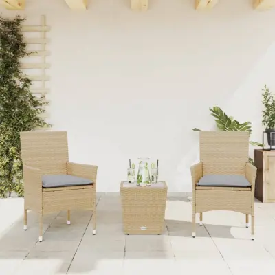 The Living Store Bistro garnitura 3-delna z blazinami bež poli ratan in steklo - Bistro Garnitura
