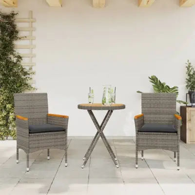 The Living Store Bistro garnitura 3-delna z blazinami siv poli ratan in akacija - Bistro Garnitura