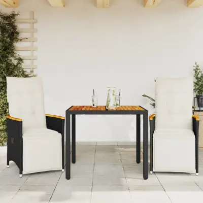 The Living Store Vrtna bistro garnitura 3-delna z blazinami črn poli ratan - Bistro Garnitura