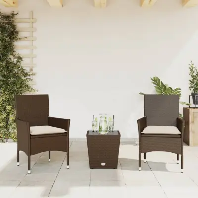 The Living Store Bistro garnitura 3-delna z blazinami rjav poli ratan in steklo - Bistro Garnitura
