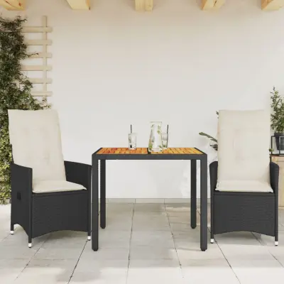 The Living Store Bistro garnitura 3-delna z blazinami črn poli ratan in akacija - Bistro Garnitura
