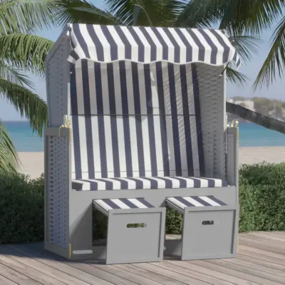 The Living Store Stol za na plažo s streho poli ratan in trden les moder in bel - Ležalnik Za Na Plažo