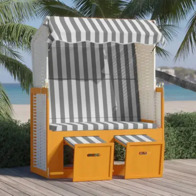 The Living Store Stol za na plažo s streho poli ratan in trden les bel in siv - Ležalnik Za Na Plažo