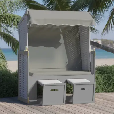The Living Store Stol za na plažo s streho poli ratan in trden les siv - Ležalnik Za Na Plažo
