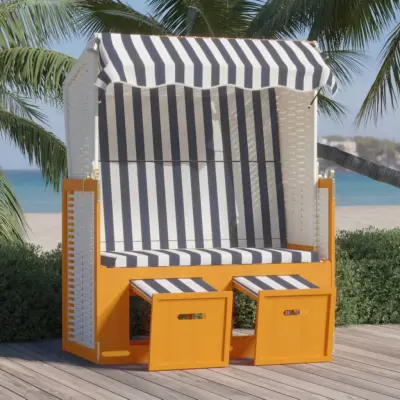 The Living Store Stol za na plažo s streho poli ratan in trden les bel in moder - Ležalnik Za Na Plažo