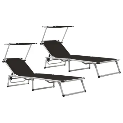 The Living Store Zložljiv ležalnik s streho 2 kosa aluminij in tekstil črn - Ležanik
