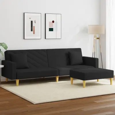 The Living Store Kavč dvosed z blazinami in stolčkom za noge črno blago - Kavč Z Ležiščem