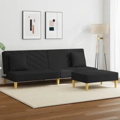 The Living Store Kavč dvosed z blazinami in stolčkom za noge črno blago - Kavč Z Ležiščem