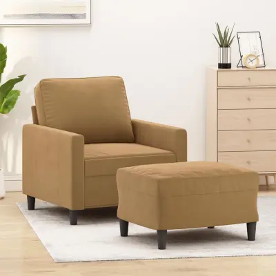The Living Store Fotelj s stolčkom za noge rjav 60 cm žamet - Kavč S Stolčkom Za Noge