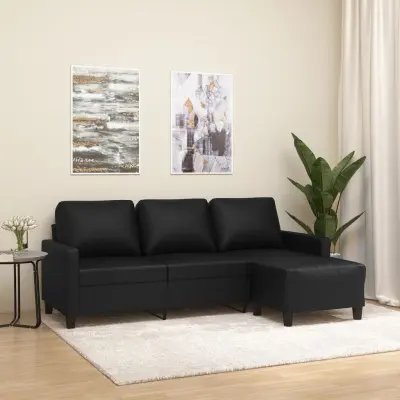 The Living Store Kavč trosed s stolčkom za noge črn 180 cm umetno usnje - Trosed S Stolčkom Za Noge
