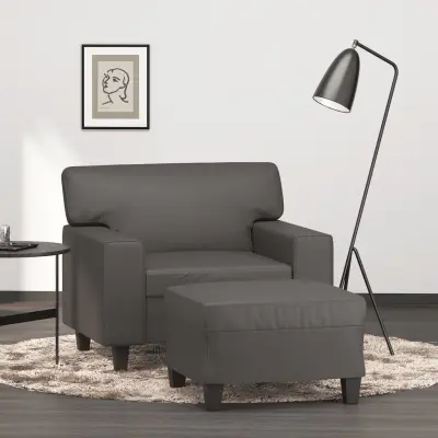 The Living Store Fotelj s stolčkom za noge siv 60 cm umetno usnje - Kavč S Stolčkom Za Noge