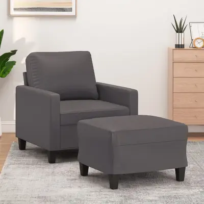 The Living Store Fotelj s stolčkom za noge siv 60 cm umetno usnje - Kavč S Stolčkom Za Noge