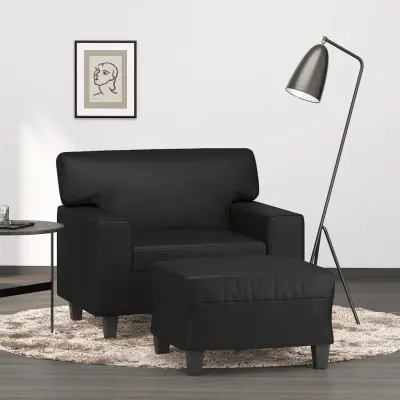 The Living Store Fotelj s stolčkom za noge črn 60 cm umetno usnje - Kavč S Stolčkom Za Noge
