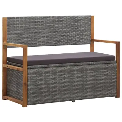 The Living Store Klop za shranjevanje 115 cm poli ratan in trdna akacija siva - Klop S Prostorom Za Shranjevanje