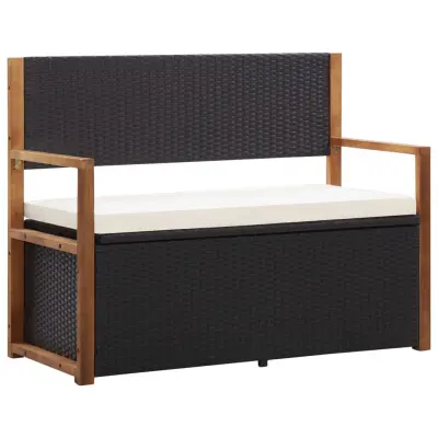 The Living Store Klop za shranjevanje 115 cm poli ratan in trdna akacija črna - Klop S Prostorom Za Shranjevanje