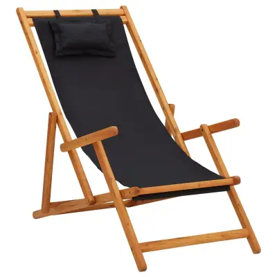 The Living Store Zložljiv stol za na plažo trden evkaliptusov les in črno blago - Stol Za Na Plažo
