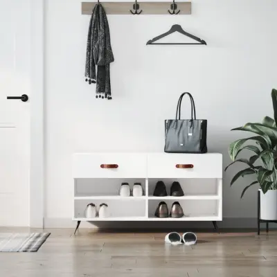 The Living Store Regal za čevlje visok sijaj bel 102x35x55 cm inženirski les - Klop Za Čevlje