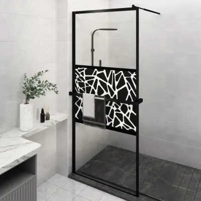 The Living Store Pregrada za tuš s polico črna 90x195 cm ESG steklo in aluminij - Stena Za Tuš