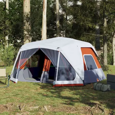 The Living Store Šotor za kampiranje z LED za 10 oseb svetlo siv in oranžen - Šotor Za Kampiranje