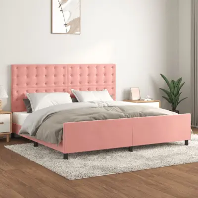 The Living Store Posteljni okvir z vzglavjem roza 200x200 cm žamet - Posteljni Okvir Z Vzglavjem