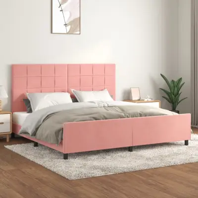 The Living Store Posteljni okvir z vzglavjem roza 200x200 cm žamet - Posteljni Okvir Z Vzglavjem