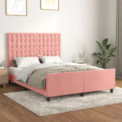 The Living Store Posteljni okvir z vzglavjem roza 140x190 cm žamet - Posteljni Okvir Z Vzglavjem