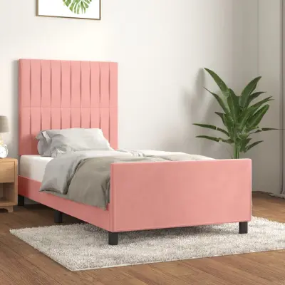 The Living Store Posteljni okvir z vzglavjem roza 90x190 cm žamet - Posteljni Okvir Z Vzglavjem