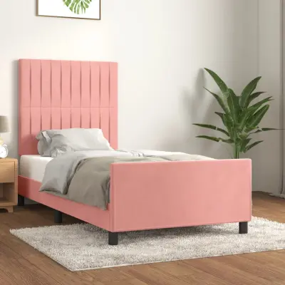 The Living Store Posteljni okvir z vzglavjem roza 90x200 cm žamet - Posteljni Okvir Z Vzglavjem