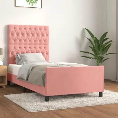 The Living Store Posteljni okvir z vzglavjem roza 90x190 cm žamet - Posteljni Okvir Z Vzglavjem
