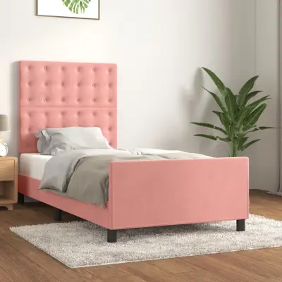 The Living Store Posteljni okvir z vzglavjem roza 100x200 cm žamet - Posteljni Okvir Z Vzglavjem