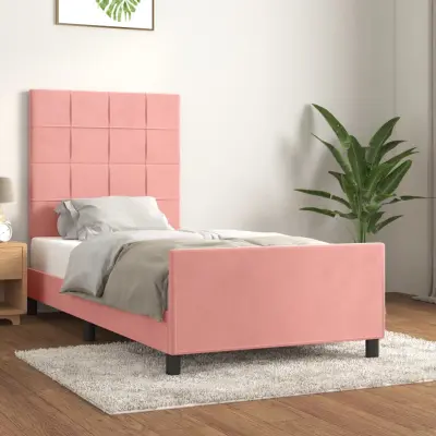 The Living Store Posteljni okvir z vzglavjem roza 90x200 cm žamet - Posteljni Okvir Z Vzglavjem