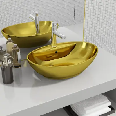 The Living Store Umivalnik z odprtino za odtekanje 58,5x39x21 cm keramičen zlat - Umivalnik